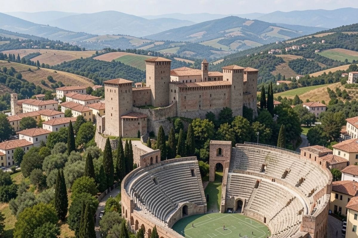 Vista panoramica di Venafro, evidenziando il Castello Pandone e l'anfiteatro