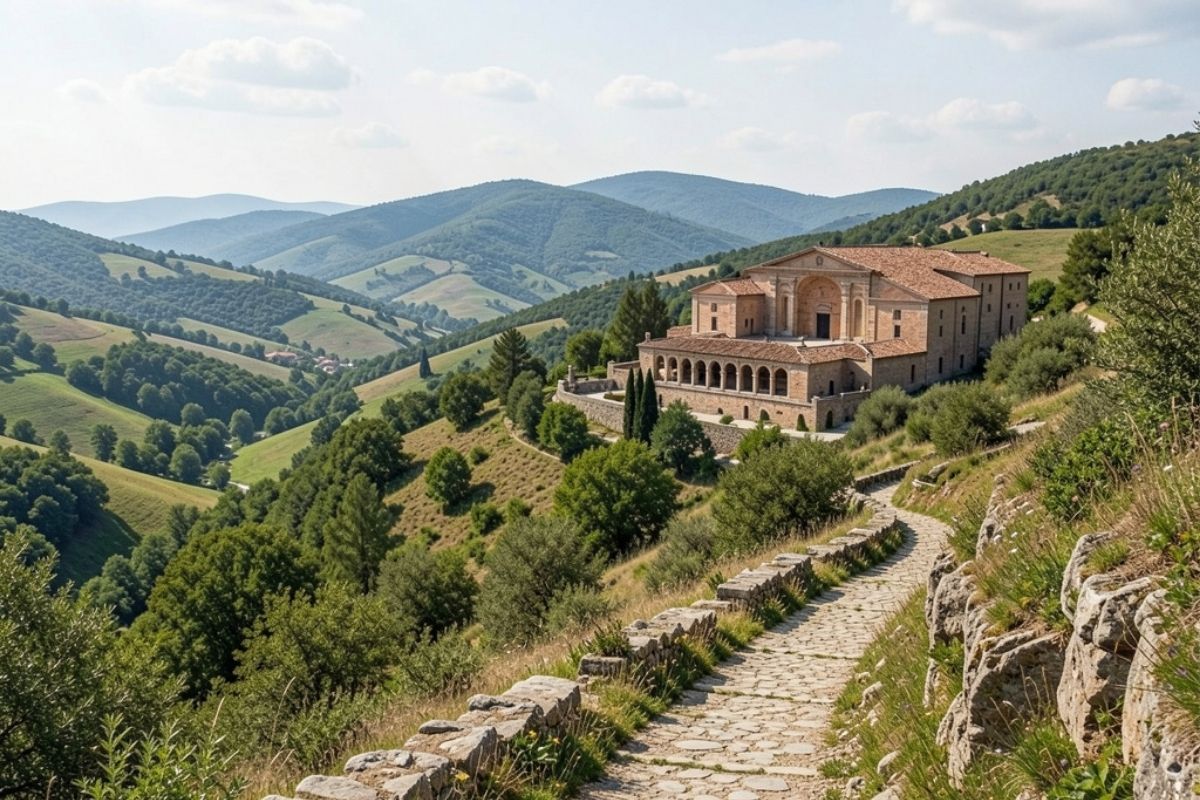 Vista panoramica di Pietrabbondante con il teatro sannitico sullo sfondo