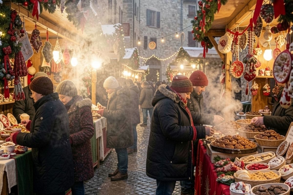 Mercatini di Natale a Pietrabbondante, con decorazioni natalizie e bancarelle
