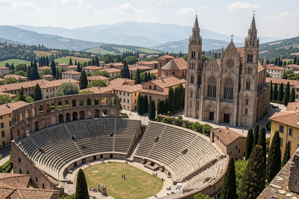 Vista panoramica di Larino con l'anfiteatro romano e la cattedrale gotica